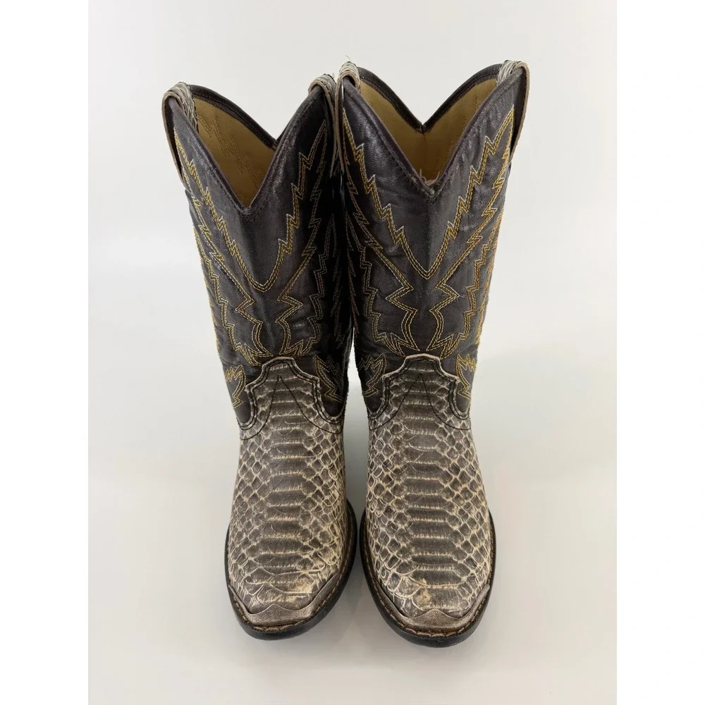 Laredo Kids Western Cowboy Boots Faux Snakeskin Brown Snip Toe Stitching 9 Inch